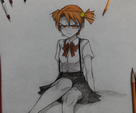 (pencil sketch:1.3), AliceDV,  1girl, solo, orange hair, skirt, orange eyes, twintails, short hair, shirt, hair ornament, suspenders, short twintails, white shirt,  suspender skirt,  high-waist skirt, sitting, posing, ribbon, bow, (traditional media:1.2),( flat colors:1.2), (angry:1.1), white background