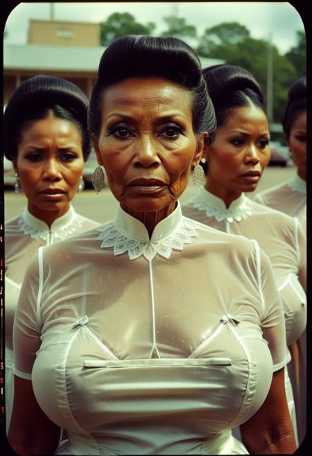 ()Hyoer Realistic:2.0)Polaroid picture of 
a hyper realistic Movie Still of (80 years old ((busty:1.3)) (((Cambodian))) women) 
  a Mississippi Baptist church parking lot  where a group of stunning, elderly black women, resplendent in their finest Sunday attire ( tiny microskirt that barely covers her ass:1.3) with white high heels, (struggling to walk:1.90)  around a circle of new recruits. The women's faces exude warmth, wisdom, and a hint of mystique, as they gaze intensely at the newcomers.
With gentle, soothing voices, they begin to speak in unison, their words weaving a hypnotic spell that draws the recruits in.
The recruits' faces slacken, their eyes glazing over as they succumb to the sisters' mesmerizing power. The women's message is clear: join their sisterhood, and you shall be empowered to raise your family without the need for a man. Capture the surreal, captivating atmosphere of this scene, where the boundaries between faith, sisterhood, and mind control blur.
BREAK (wearing ((semi-transparent)) very high platforms::0.9) ((Woman Fully Visible Full Body Photo)) Film Still:1.50), a hyper realistic Movie Still of elderly (80 years old ((busty)) black women)