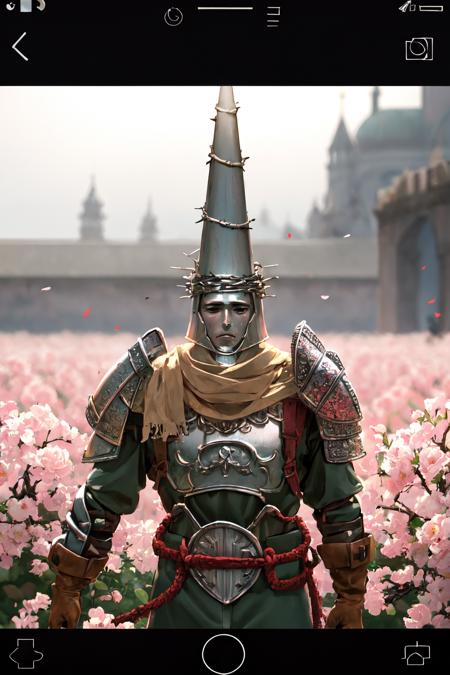 masterpiece, (detailed, highres, best quality), 1boy <lora:sppenitentOne-08:1>, penitentonedef, helmet, stone face, faceless, armor, full armor, shoulder armor, brown gloves, blurry, blurry background, branch, depth of field, flower, phone, pink flower