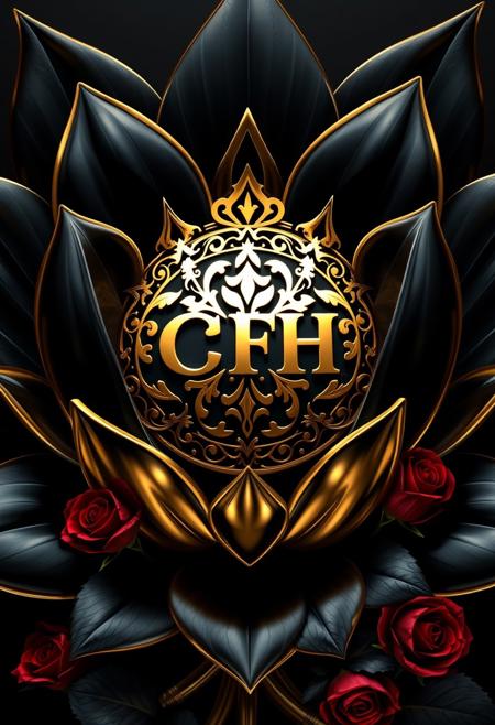 Create a "CFH" logo as a reflective golden chrome emblem with intricate filigree, nestled within a large black lotus flower. The lotus should frame the entire design, its petals forming a dark, metallic backdrop. Integrate bio-mechanical elements: the "CFH" emblem emerging from the lotus center like a sophisticated machine. Surround with smaller black lotuses and dark red roses, their stems resembling cables or pistons. Blood and oil should drip from leaf-like vents. Design as a high-quality vector for sticker use. Render in 8K, emphasizing stark contrast between the lotus's deep shadows and the brilliant reflections on the golden chrome surfaces. Blend luxury, danger, and organic-tech aesthetic.