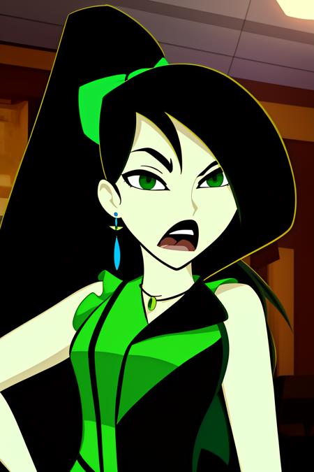 shego, 1girl, solo, long_hair, open_mouth, black_hair, dress, bare_shoulders, jewelry, green_eyes, ponytail, earrings, sleeveless, necklace, blue_dress, indoor, parody