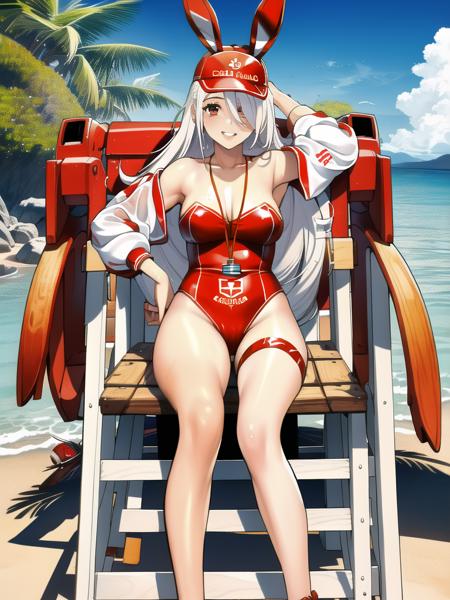 Prinz Heinrich a woman in a red lifeguard outfit sitting on a beach chair, red cap, lifeguard_outfit, bunny ears  (masterpiece, realistic, best quality, 1girl:1.3), (extremely intricate:1.2),  beach background,   <lora:prinzheinrich:0.7>