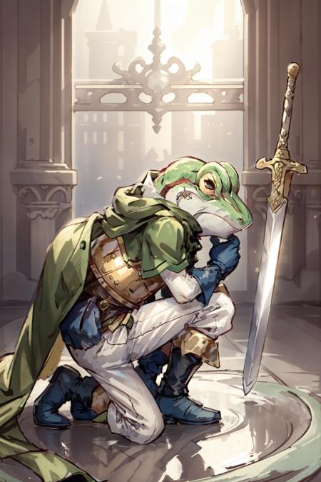 masterpiece, best quality,   solo, 1boy, Frog_CT <lora:Frog_CT:0.8>, frog, gold breastplate, sword, shield, blue glove, white pants, green cape, kneeling in a medieval throne room, from side