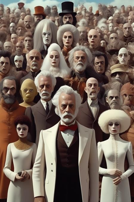 <lora:Alejandro Jodorowsky Style:1>Alejandro Jodorowsky Style - take three characters from this image and make them photorealistic, human, actors in a real movie directed