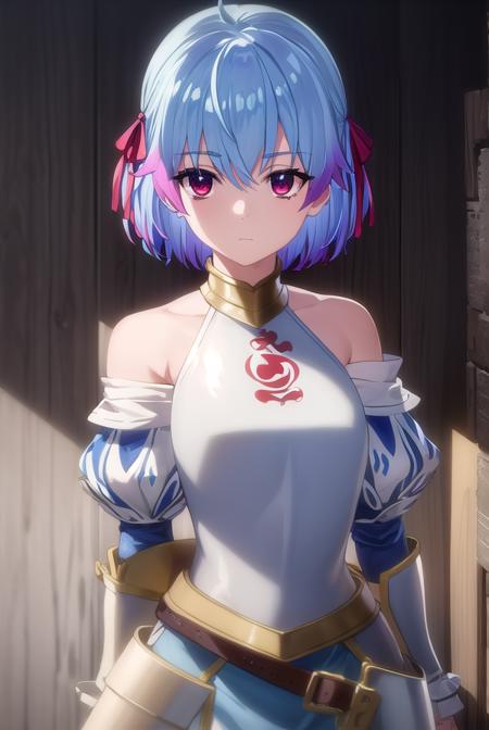 rutiragnason, <lora:ruti ragnason s1-lora-nochekaiser:1>,
ruti ragnason, short hair, (red eyes:1.3), ribbon, blue hair, hair ribbon, ahoge,
BREAK dress, bare shoulders, detached sleeves, armor, breastplate,
BREAK outdoors,
BREAK looking at viewer, (cowboy shot:1.5),
BREAK <lyco:GoodHands-beta2:1>, (masterpiece:1.2), best quality, high resolution, unity 8k wallpaper, (illustration:0.8), (beautiful detailed eyes:1.6), extremely detailed face, perfect lighting, extremely detailed CG, (perfect hands, perfect anatomy),