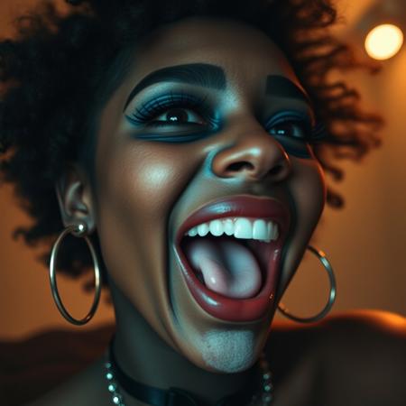 Amateur photography selfie of a female with open mouth wide, 20year, afro puffs, black eye makeup, dark skin, pale white face paint, hoop earrings, (uvula:0.2), choker, laughing, ultra high quality, very detailed and photorealistic, face focus, very detailed skin, detailed skin, realistic skin, acne, skin pores, photographic, photography, photograph, skin pores, excessive lip filler, huge tits, cleavage, huge eyes, piercing, goth lipstick (skin pores:0.5) <lora:tongue-flux-v0.1:1>