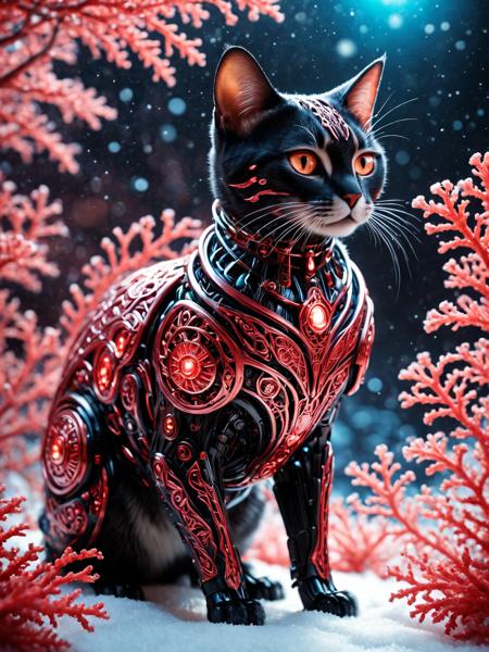 cinematic film still made of coral leaf, sci-fi, digital art, robotic (Manx Cat:1.1) with Floral patterns, behance, wearing cybernetics, winter background, soft focus, Well-visualised, art by Bob Eggleton, creative, <lora:coralbugXL:0.75>, sunny, original, professional creative, fine artistic composition, perfect background, advanced cinematic perfect light, great composition . shallow depth of field, vignette, highly detailed, high budget, bokeh, cinemascope, moody, epic, gorgeous, film grain, grainy