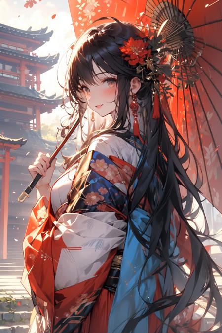 , (masterpiece:1.2), best quality,PIXIV,midjourney portrait,
long hair, hair ornament, black hair, multiple girls, east asian architecture, architecture, looking at viewer, flower, hair flower, holding, japanese clothes, outdoors, hand fan, red flower, bangs, very long hair, blush, wide sleeves, holding fan, parted lips, smile, solo focus, long sleeves, kimono, umbrella, 3girls, stairs, multiple boys, shrine
 <lora:midjourney portrait_20230625143136:0.9>