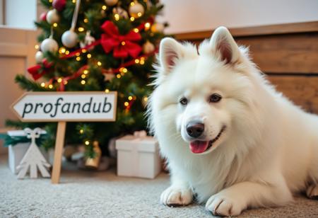 A white fluffy dog by a christmas tree, with a sign saying "profandub"