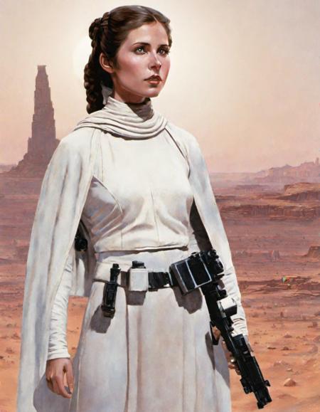 (skswoman:1.6), solo, masterpiece, moonlight, best quality, greg rutkowski, 1girl, solo, looking at viewer, holding, upper body, lips, double bun, white starwars tunic, realistic, science fiction, realistic, desert , futuristic city, very detailed, high resolution, sharp, sharp image  