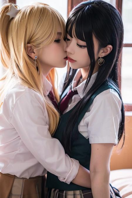 ltra-detailed,highly detailed,best quality,masterpiece,illustration,realistic,photorealistic,
citrus, multiple girls, 2girls, yuri,
school uniform, vest, shirt, necktie, skirt,
black hair, blonde hair, jewelry, earrings, long hair, star hair ornament, hair ornament, bangs, ponytail,
looking at another, hug, kiss,
blurry background,
<lora:citrus_v10_08:0.7>