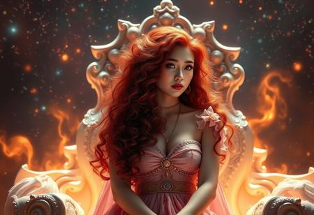 Stunning portrait of the beautiful Queen of the Cosmos, with Asian skin, sitting on an Etheral Throne, ((Gorgeous Long Curly Red Hair:1.1) ), Use warm tones and soft lighting, galaxy background