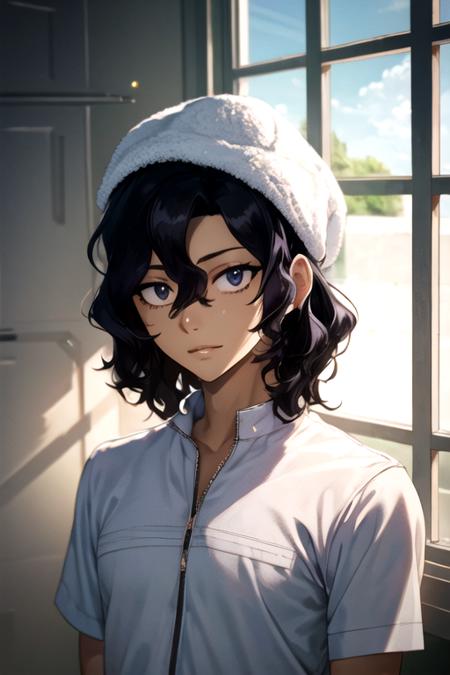 junta_teshima, black hair, black eyes, hair between eyes, sanpaku, wavy hair