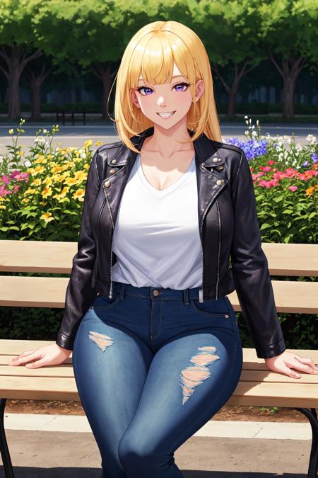 wide hips, (asymmetrical blunt_bangs), two tone hair, long hair, denim jeans, v-neck shirt, teeth, outdoors, park, park bench, dirt path, garden, flowers, violet eyes, solo, smiling, looking at viewer BodyPositive Best_QualityPos BadBoyVibes-GenderFree Earth-QualityPos