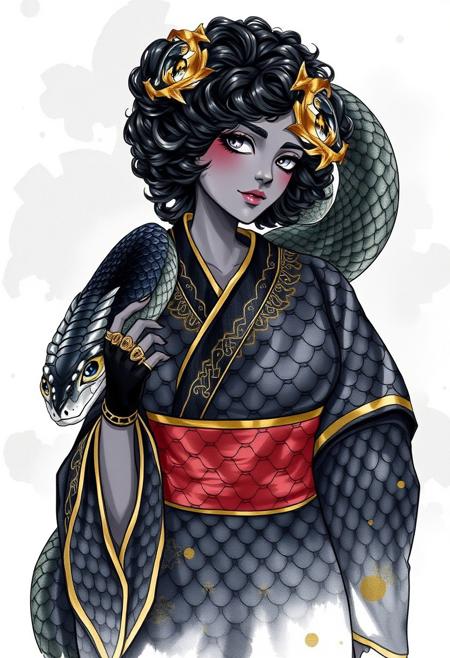 Solo, watercolor style, portrait.
1girl, XendraD: (futanari,black hair with blonde highlights, curly hair, glowing silver eyes, dark gray skin, curvaceous, voluptuous, big hips) wearing intricate black scaled kimono with gold accents black/gold gloves. 
A large onyx snake with eyes made of diamond is coiling around XendraD. She is stroking the snake with one hand. Confident expression.