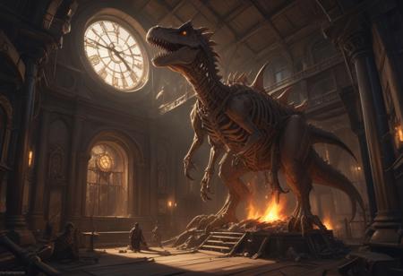 Create a highly detailed, steampunk-inspired digital painting of a T-Rex skeleton, hanging from the ceiling in Clock Tower Prison, with a focus on intricate clockwork mechanisms, Victorian-era aesthetics, and dramatic lighting, inspired by the works of artgerm, greg rutkowski, and alphonse mucha. The scene should be set in a dark, gothic-inspired environment, with the emperor's helmet on fire, and the floor made of fire. Incorporate elements of science fiction and fantasy, blending the dark, mystical world of Warhammer with steampunk elements. Emphasize rich, immersive atmosphere, and intricate details, textures, and dramatic lighting. The artwork should be in the style of a concept art piece, with a focus on capturing the essence of the steampunk aesthetic, and the dark, foreboding atmosphere of Clock Tower Prison. Include specific instructions for the AI to focus on the following elements: clockwork mechanisms, Victorian-era aesthetics, dramatic lighting, and rich, immersive atmosphere.