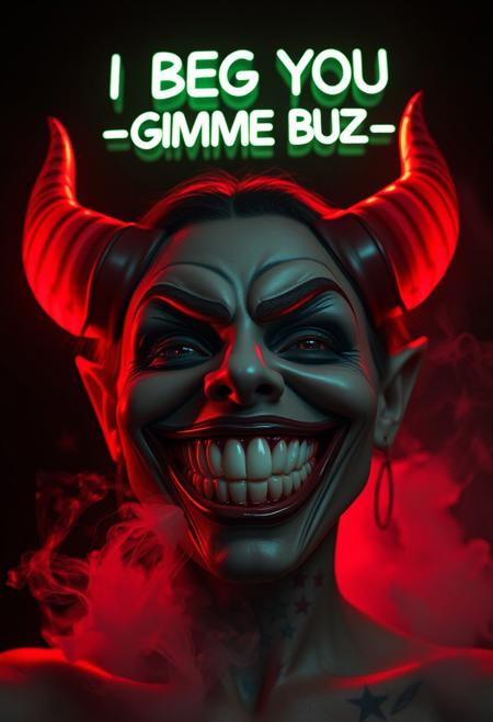 “A hyper-realistic, 3-dimensional close-up of a woman wearing a highrise mask featuring an exaggerated, wide, ecstatic smile, with devilish horns subtly curving from the sides. The mask, devoid of a nose or eyes, pops off the screen with its lifelike texture and unsettling, manic joy. Tattooed stars wrap around her face, giving a surreal, layered depth to the design. Shot with Panavision aspherical lenses at 40mm, the scene is bathed in cinematic studio lighting, emphasizing every contour. A soft red, low diffuse light glows from behind, enhancing the three-dimensionality, while light greenish fog and white smoke twist around her in dynamic layers against a pitch-black background. Above the figure, glowing neon letters spell out ‘I BEG YOU – GIMME BUZ,’ floating in space, adding a rebellious and chaotic energy to the surreal, immersive atmosphere.”
