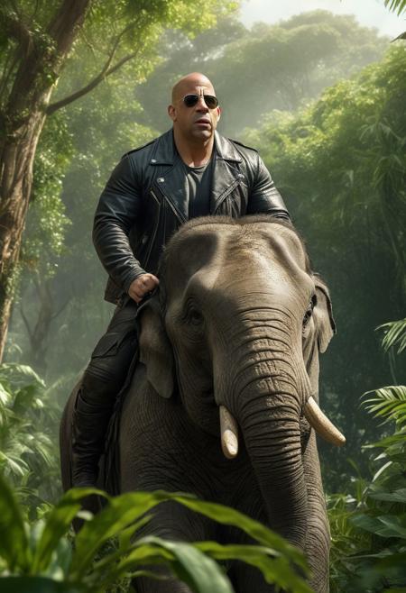 A photorealistic image of Vin Diesel, wearing a worn leather jacket and sunglasses, riding bareback on a majestic African elephant. The elephant is striding confidently through a lush green jungle, with sunlight filtering through the leaves. Vin Diesel has a determined expression on his face, 
photorealistic, 8k resolution, lush green jungle, sunlight filtering through trees, determined expression on Vin Diesel's face