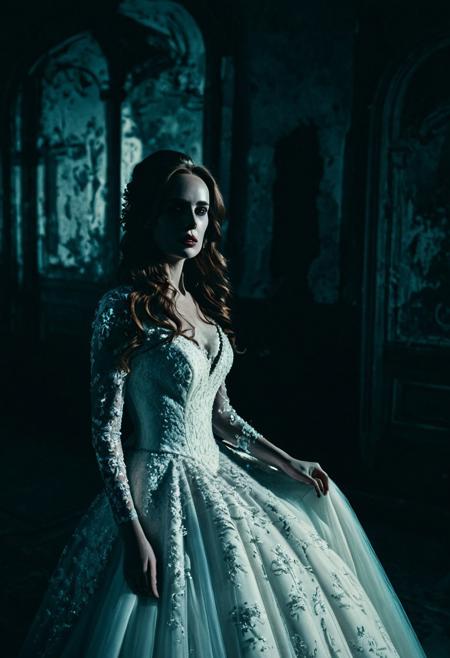 RAW photo of a stunning bride in a majestic wedding dress standing,  closeup portrait, hyper-detailed, (disturbing:1.1), (majestic:1.2), (fascinating:1.2), long brown hair, at dawn, at the wedding in an abandoned ballroom, expressions evoking a sense of vogue and fashion magazine, highly detailed character, dramatic atmosphere, centred, cinematic, (intricate details, hyperdetailed:1.15), hard light and shadow ,(matter:1.2), (horror:1.25), directed by shane mcmellen, photo taken with ektachrome, distorted portraiture, gothic dark and moody tones, black and white, monochrome, bnw, spotlight lighting, instax film, 8k, raw photo, (film grain:1.0), (floating dust particle:1.2), 24mm, on focus, spotlight, rim light, in the dark, dimly lit, low key, deep shadow,
