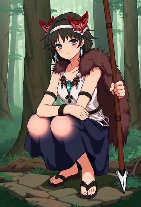 Princess Mononoke,  ,  ,  ,  San, 1girl, full body, squatting, solo, short hair, brown hair, gray eyes, headband, face paint, earrings, white sleeveless top, navy under dress, arm cuffs, fur headdress, fur cape,      , female focus, looking at viewer,  , forest,  knva, halftone effect, retro artstyle, concept art, realistic,, san, 1girl, solo, short hair, brown hair, gray eyes, headband, face paint, earrings, white sleeveless top, navy under dress, arm cuffs, fur headdress, fur cape, shoes, tooth necklace, mask on head, light-skinned female, dark green hair, mask on head, mask on face, mask on back, tooth necklace, crystal necklace, holding dagger, holding spear, anime, ghibli, cosplay, photo, fan art, pvc, Expressiveh