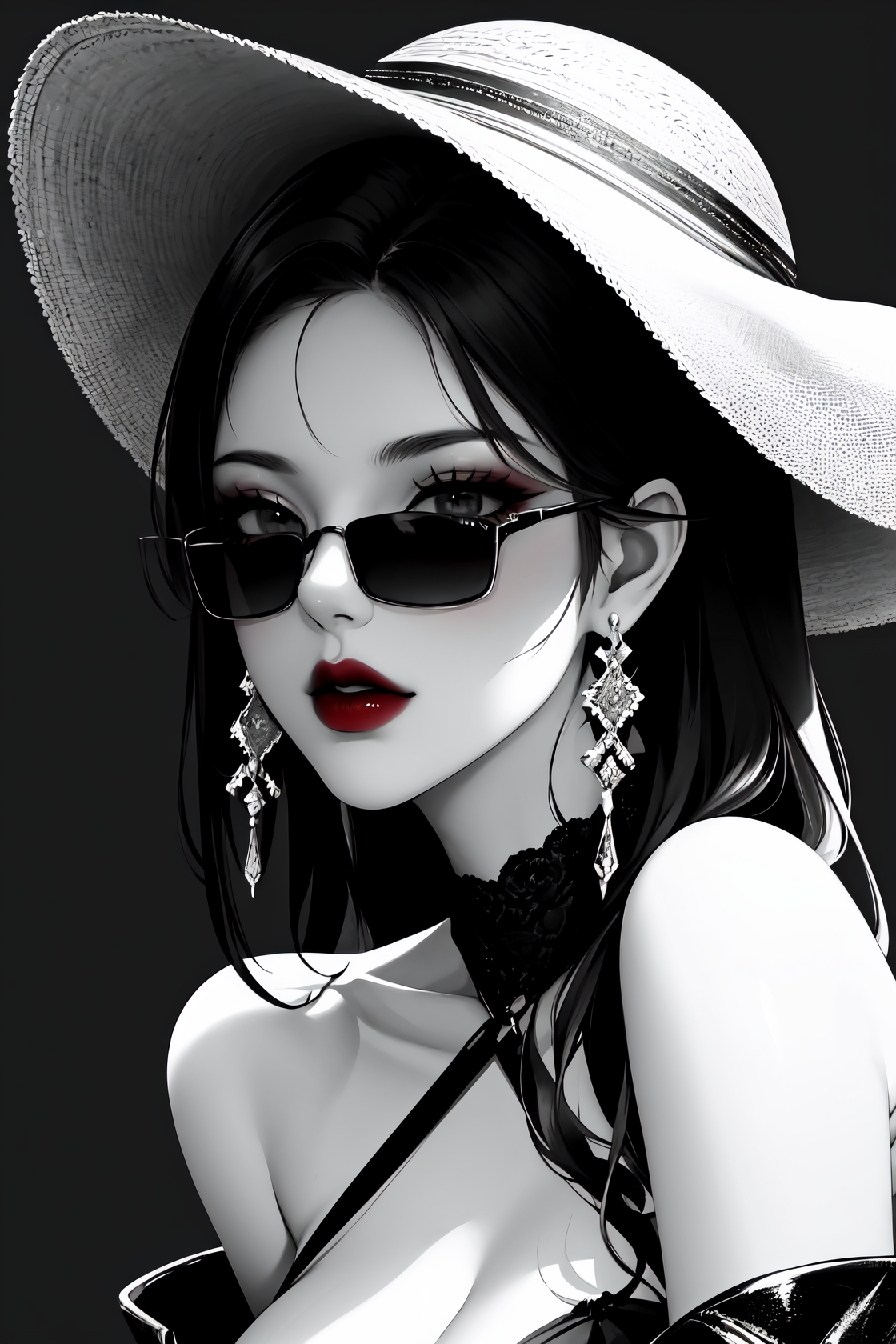 1girl, sunglasses, solo, hat, lipstick, red lips, long hair, dress, plunging neckline, makeup, monochrome, white backgroun...
