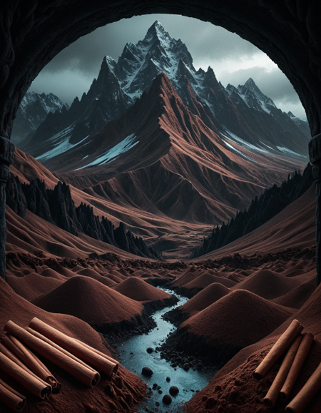 by artgerm, greg rutkowski and alphonse mucha, dark Concept art, landscape of a (ral-spicecinnamon:1.3) , it is Dense, Papuan mountains, Gamerpunk, Cold Lighting, trending on CGSociety, adobe lightroom, moody, <lora:ral-spicecinnamon-sdxl:0.9>, deep rich colors, vibrant, badge, imposing, dynamic dramatic beautiful full taking, fine artistic composition, elegant, highly intricate