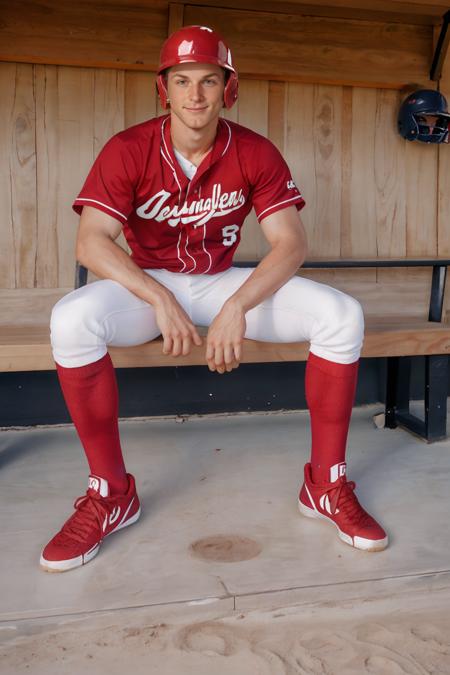 outdoors, baseball field, (in baseball dugout), dirt floor, (sitting on wooden bench), chainlink fence wall, BrandonBangs is a baseballplayer, slight smile, baseball uniform, (red helmet), red jersey, white pants, (red socks), long socks, (black sneakers), looking at viewer, masterpiece, ((full body portrait))   <lora:Clothing - Sexy Baseball Player:0.6>  <lora:BrandonBangs:0.8>