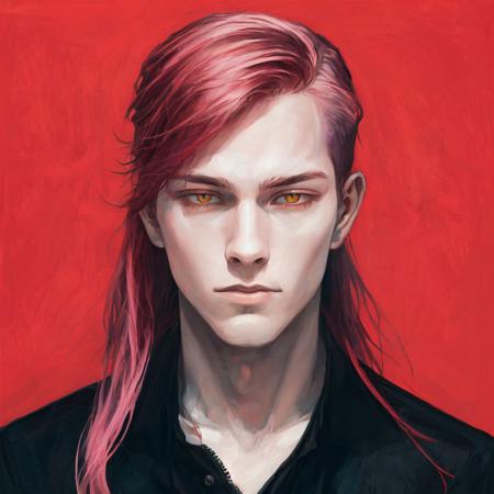 ((masterpiece,best quality)),white background,red theme,1boy, solo,pink hair,long hair,yellow eyes, <lora:dashu-000010:0.8>