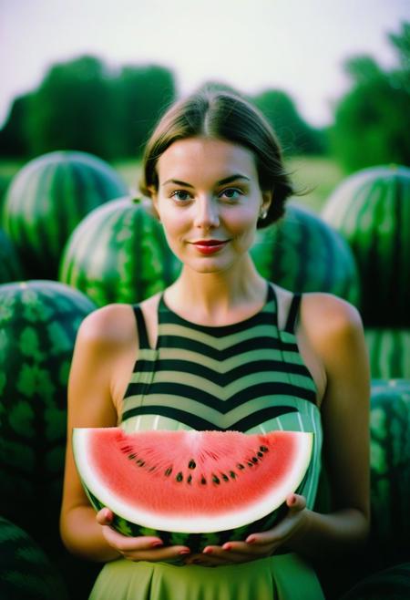A cinematic still, brunette bombshell and her alien watermelon friend, Leica M3, film grain