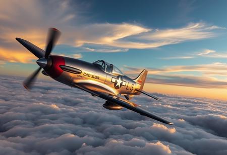 masterpiece, highres, best quality, high quality, highly detailed, upscale, clear image, sharp image, sharp focus, sharp lines, high definition, photograph, Vought F4U Corsair bf-109, flying over clouds, sunset