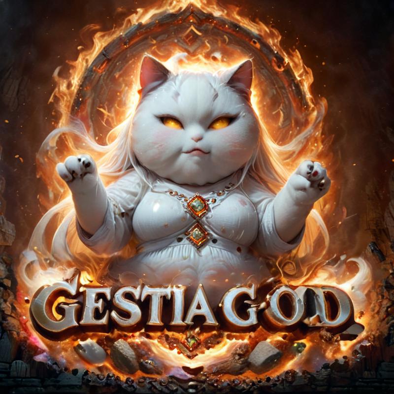 A fantasy art of a cat with red eyes, fire in the background, and the words "GestaGod" written above it.