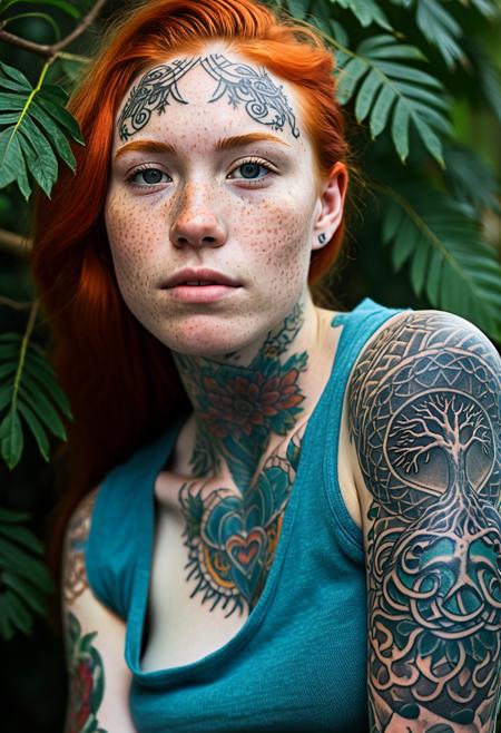 RAW analogue photo of a 20 years old beautiful pale skin (freckles, freckles all over body, pale skin (Tahitian woman:1.5):1.5), perfect face, sexy pose, ((with 10 tattoos, 3D Tattoo, Norse-inspired Design Tattoo, New School Tattoo, Sci-Fi-inspired Tattoo, Anchor Tattoo, Heart Tattoo, Landscape Tattoo, Celtic Tree of Life Tattoo, Japanese Kanji Tattoo, Lion Tattoo:1.5)), wearing Sheer bra. She has long blonde hair and is posing against a floral wallpaper background. The model's pose suggests confidence and sensuality., natural hair, perfect eyes, detailed eyes, detailed iris, absolute perfect tits, big tits, soft tits, natural tits, low light, hard natural light, Rembrandt style light, Hasselblad DLSR camera, 200mm Zeiss lens, f/2.8 <lora:tattooedgirlv1_PONY:0.8>  