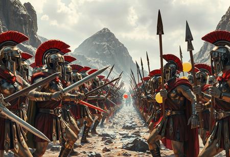high quality, detailed, beautiful, masterpiece, correct anatomy, anatomically correct, detailed, realistic, masterpiece, complex shadows, intricate details, high quality, hi res, best quality, an army of Spartan warriors are standing and preparing for battle, the Spartans are wielding balloon weapons, inflatable blow up dolls, balloon swords, balloon hammer, balloon spears,  some Spartans are just balloons with faces drawn on them, mountain pass, rocks,