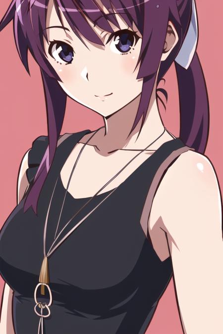 Senjo_Hitagi, senjougahara_hitagi,  1girl, solo, purple_hair, long_hair, ponytail,  black_shirt, necklace
 <lora:Senjougahara:0.8>