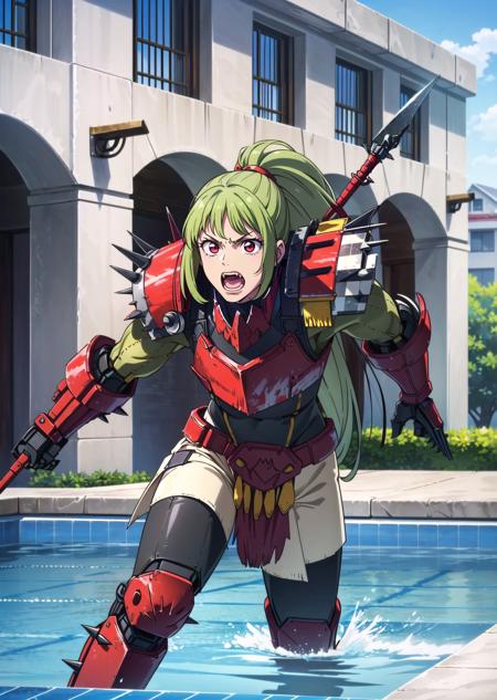 (1girl, dark green hair very long hair folded ponytail, robot eyes, , grimace) (digital) ( dynamic pose in detailed pool, (pauldrons, red armor, shoulder armor, spikes, checkerboard, weapon)) , best quality, <lora:boldline:0.2>  <lora:hairdetailer:0.2> orkz,  <lora:orkz:1>