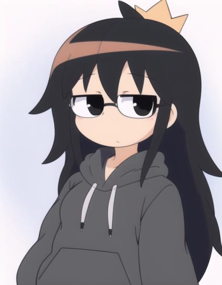 <lora:kmb-v1:1>, <lora:azurasuzukiv1:1>, kmbstyle, Azura Suzuki, 1girl, solo, hoodie, hood, long hair, (black hoodie, crown:1.2), black hair, black eyes, glasses, upper body, long sleeves, hood down