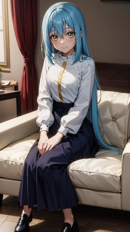 (masterpiece,  best quality),  ray tracing,  absurdres,  HDR, rimuru tempest, coleus, light blue hair, 1girl, long hair, yellow eyes, breasts,cowboy shot, looking at viewer, ,smile, long sleeves,  bangs, sitting,, closed mouth, skirt, hair between eyes, long skirt, solo,Mary Jane shoes, full body,blush,indoors,living room,sofa,<lora:rimuru coleus_v2_step20:0.7>