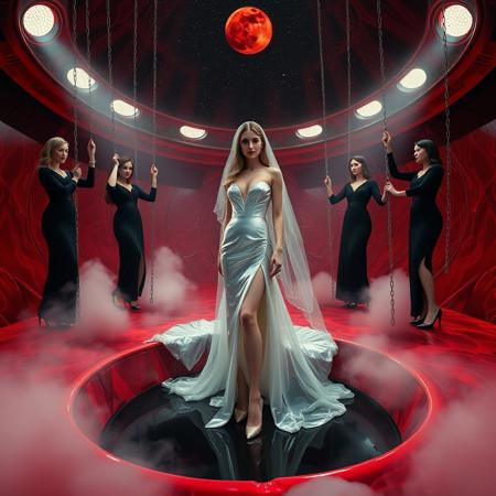 high-society elegant slender norvegian  rich   innocent young bride wearing   glossy silver high heels and glossy transparent slime  high slit wedding gown with matching long veil. She posing  in center of the floor hole,  filled with glossy black slime, surrounded by arrogant ladies wearing elegant black gowns and high heels, pulling her inside  giant slime covered glossy red foil breeding  round bed by long silver chains, eerie fog that wafts up from the fleshy jelly floor, encased in light beam from the chamber celling, strugging to break free and escape, glossy live wet-look jelly walls, whorish breeding chamber, colossus observation portholes to outer space full of stars, bright red moon, vintage-inspired makeup, long hairs, ultra thin waist, evil grin, porcelain skin, lipstick, red nails, in the style of a haunting, retro-futuristic 1950s sci-fi nightmare, horror, alien space base,