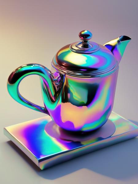 <lora:MADEOFIRIDESCENTFOIL:1>MADE OF IRIDESCENT FOIL holographic ceramic teapot