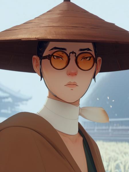 A stunning intricate full color portrait of  Mizu, glasses, man, wearing a plain brown dress, rice hat, epic character composition,by ilya kuvshinov, alessio albi, nina masic,sharp focus, natural lighting, subsurface scattering, f2, 35mm, film grain  <lora:BlueEyeSamurai:1>