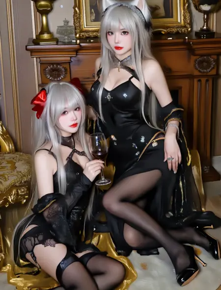 NSFW WAN2.2 T2V  a pair of female characters Black Tight Dress   Lolita styles