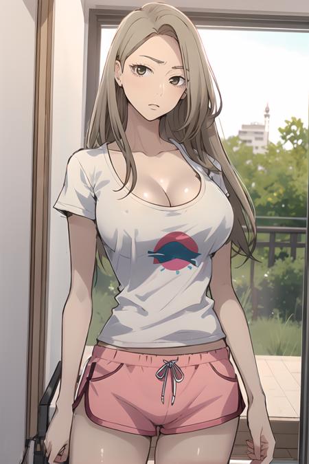 <lora:MiaCha_SC_V2:1> MiaChadef, long hair, blonde hair, brown eyes, 
portrait, large breasts, short sleeves, standing, dolphin shorts, t-shirt, pink shorts, white shirt, indoors, cleavage, looking at viewer, 
masterpiece, best quality,