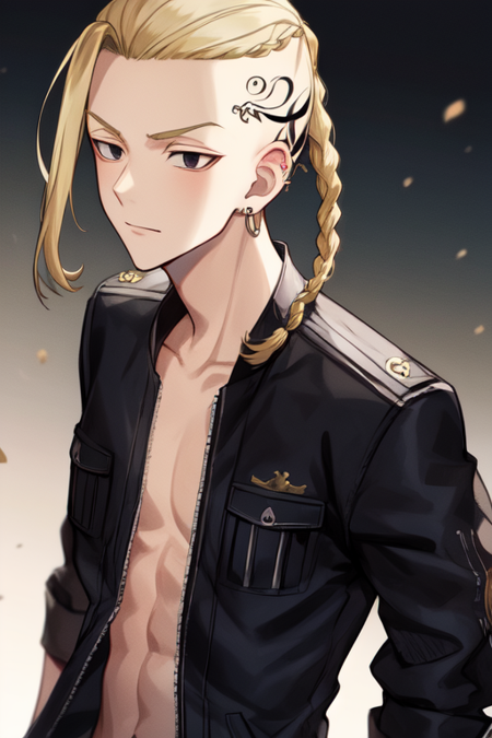 draken blonde hair braided ponytail black eyes tattoo