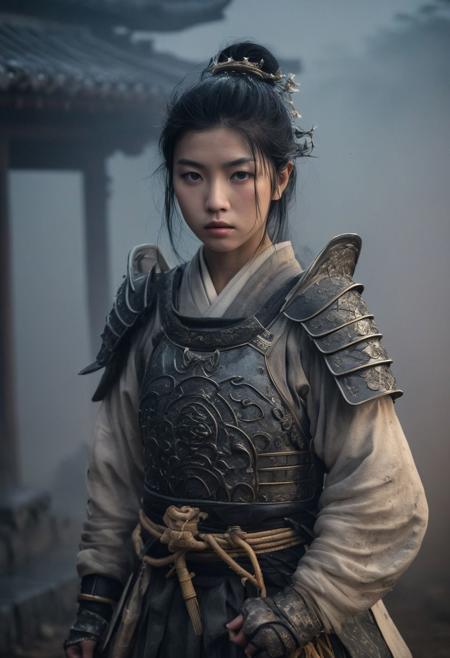Close Up shot of  Raya from the ancient japanese  tale as a princess warrior, she IS a very beautiful girl, short  black  hair, beautiful, ancient japanese armour, dirt  clothes, wind, at night, fog, mist, interior of an ancient japanese temple at the background, National Geographic photography awarded masterpiece
