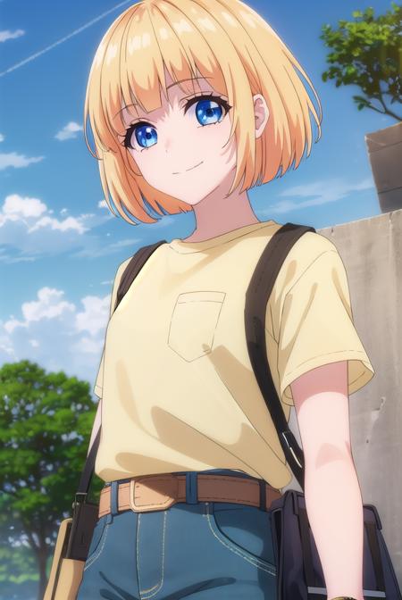 mona narumi, short hair, bangs, blue eyes, blonde hair, bob cut, shirt, jewelry, shorts, belt, bag, bracelet, green shorts,
