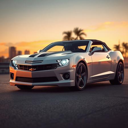 Stylish promo photo for a white 2010 Chevrolet Camaro with black soft top roof, commercial photography, 4k, 80's videogames and Miami vice-style background