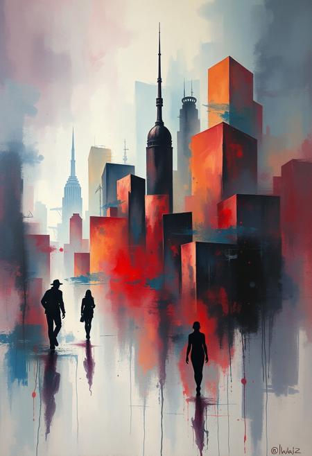 A dynamic cityscape painting, buildings and figures melting, vivid emotional color washes, misty silhouettes, expressive gestural abstraction, fluid elongated brushstrokes, soft eroded textures, surreal movement, atmospheric depth, rich burgundy and deep blue, dreamlike, hazy soft light, sophisticated and elegant.
