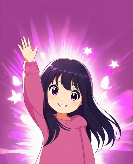 a young girl with long, dark hair and a pink sweater standing in front of a purple background. She is smiling and holding up her hands as if she is waving to someone. The image is cartoonish and has a whimsical, fantasy-like feel to it, masterpiece, best quality, cinematic composition, best lighting, solo, 1girl