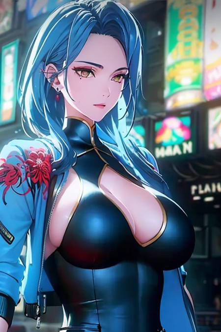 Blue hair, blue coat embroidered with peonies, black dress, left robotic arm,Golden eyes