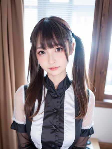 <lora:mafuyulightmakeup:0.7>, mafuyu, 1girl, solo, realistic, smile, makeup, shiny eyes, long hair, brown hair, twintails, bangs, black eyes, looking at viewer, blurry, day, blush, soft light, 8K, ultra high resolution, ultra-detailed, photorealistic, an extremely delicate and beautiful, uniform, arm up